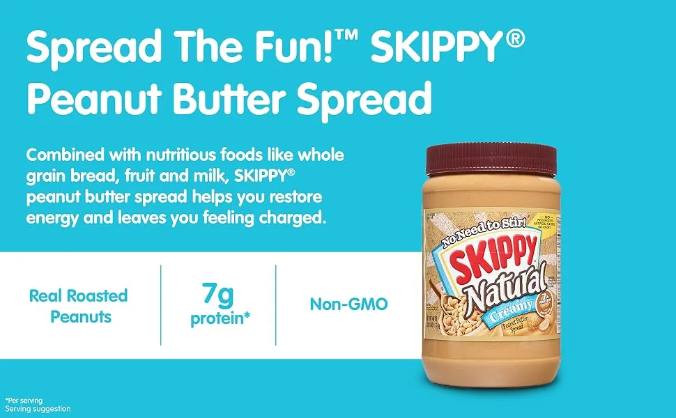 SKIPPY Natural Peanut Butter Spread, Creamy, 7 g protein per serving, 40 oz. - Spread the fun! Skippy peanut butter spread