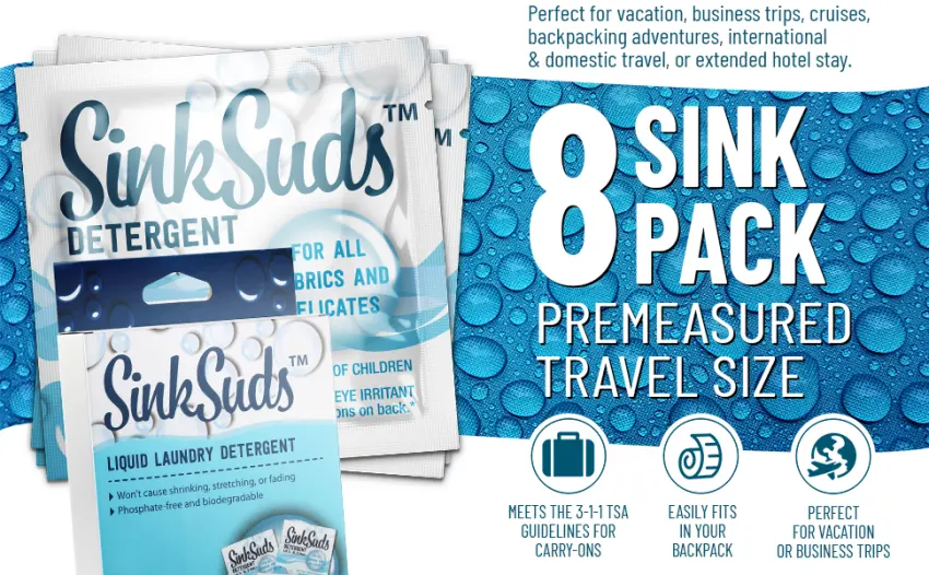 SinkSuds Travel Laundry Detergent Liquid Soap + Odor Eliminator for All Fabrics Including Delicates, (TSA Compliant), 8 Sink-Packets (0.25 fl oz each) 8 Count (Pack of 1) - detergent tide 1 one load packet packages laundry kit drain stopper travel size international travel