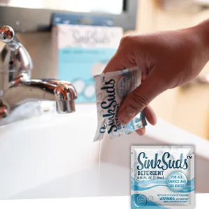 SinkSuds Travel Laundry Detergent Liquid Soap + Odor Eliminator for All Fabrics Including Delicates, (TSA Compliant), 8 Sink-Packets (0.25 fl oz each) 8 Count (Pack of 1) - laundry soap international travel accessories woolite travel laundry packets travel size laundry