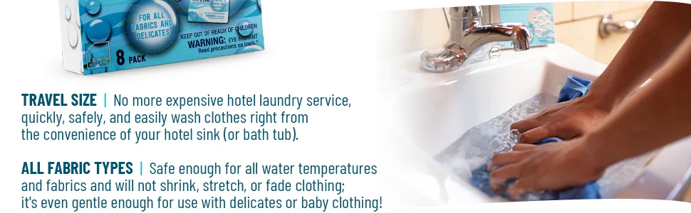 SinkSuds Travel Laundry Detergent Liquid Soap + Odor Eliminator for All Fabrics Including Delicates, (TSA Compliant), 8 Sink-Packets (0.25 fl oz each) 8 Count (Pack of 1) - packs of laundry detergent shout liquid soap delicates fabric sink packet lucky fiji detergent power
