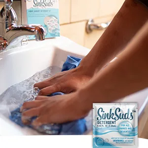 SinkSuds Travel Laundry Detergent Liquid Soap + Odor Eliminator for All Fabrics Including Delicates, (TSA Compliant), 8 Sink-Packets (0.25 fl oz each) 8 Count (Pack of 1) - travel laundry detergent packets to wash clothes in hotel while traveling family washing clothes