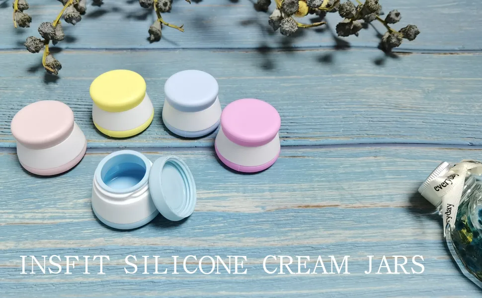 Silicone Cosmetic Containers, INSFIT 20 Gram Empty Sample Jars Travel Size Containers Makeup Sample Containers with Lids, 5PCS BPA Free Leakproof Cream Jars for Liquid Lotion with Labels Mini Spatulas Multicolored - product information 1