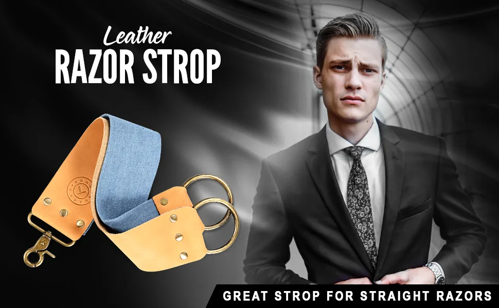 Shaving Leather Strop - Straight Razor Strop, Razor Strop With Elegant Brown Leather, Riveted Brass Anchor Hooks, Blue Linen Stropping Belt For Cleaning, Knife Sharpening Strop, Keeps Your Blade Sharp - Razor Strop