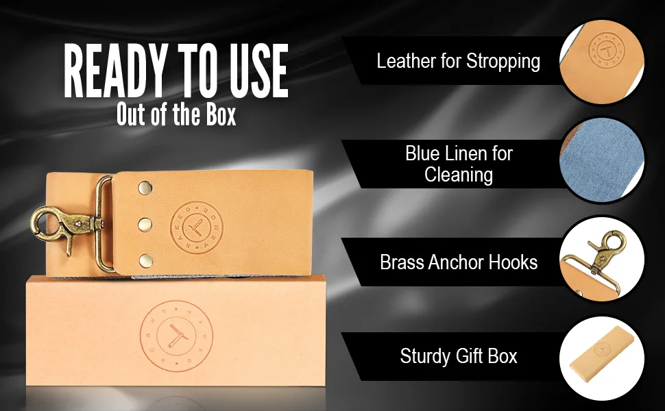 Shaving Leather Strop - Straight Razor Strop, Razor Strop With Elegant Brown Leather, Riveted Brass Anchor Hooks, Blue Linen Stropping Belt For Cleaning, Knife Sharpening Strop, Keeps Your Blade Sharp - Razor Strop