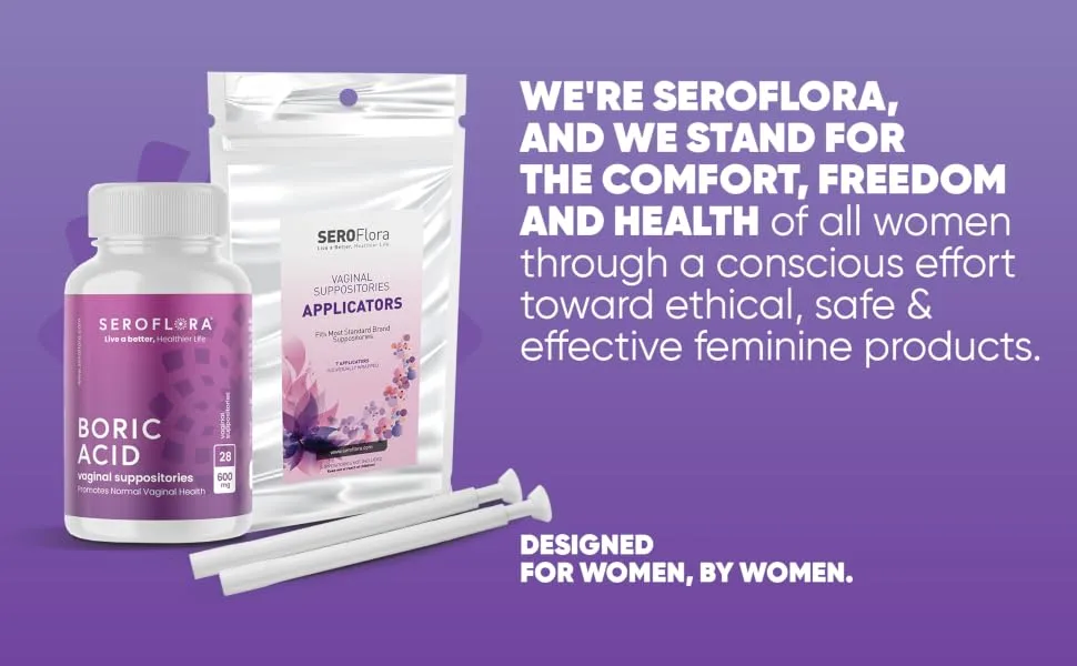 Seroflora Boric Acid Vaginal Suppositories for Women with Suppository Applicators - Boric Acid Pills Support Vaginal Odor Control - 28 Suppositories 7 Applicators - SeroFlora