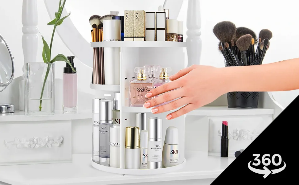 seinlife 360 Rotating Makeup Organizer,DIY Adjustable Spinning Holder,Foldable Cosmetic Storage Display box,Large Capacity Make up Caddy Shelf,Fits Countertop Vanity and Bathroom (WHITE) - product information 2