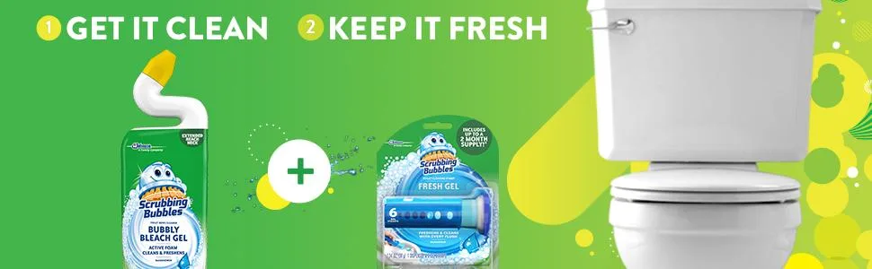 Scrubbing Bubbles Toilet Bowl Cleaning Gel Starter Kit, Includes Dispenser and Gel, Glade Rainshower Scent, 6 Stamps - 1) Get it clean 2) Keep it fresh