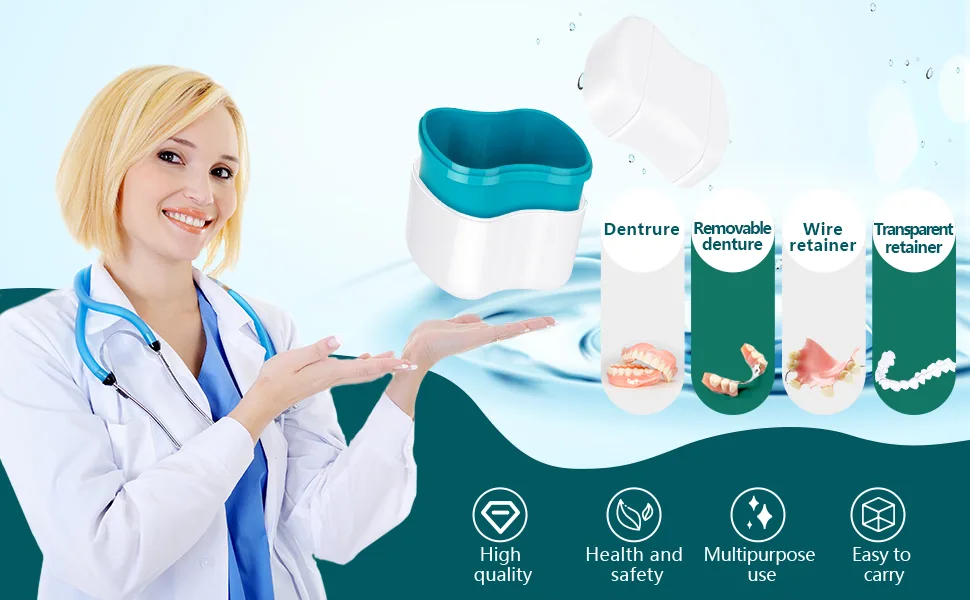 Scotte Denture Case,Dentures Box,Denture Brush Retainer Case,Denture Cups Bath,Dentures Container with Basket Denture Holder for Travel,Retainer Cleaning Case (Green) - dfdffgf