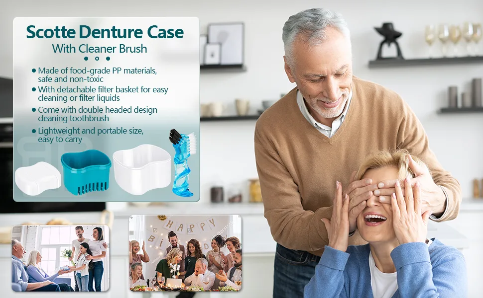 Scotte Denture Case,Dentures Box,Denture Brush Retainer Case,Denture Cups Bath,Dentures Container with Basket Denture Holder for Travel,Retainer Cleaning Case (Green) - fddffb