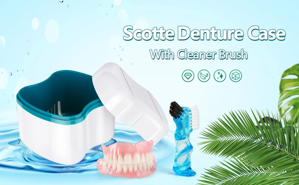Scotte Denture Case,Dentures Box,Denture Brush Retainer Case,Denture Cups Bath,Dentures Container with Basket Denture Holder for Travel,Retainer Cleaning Case (Green) - sffdff