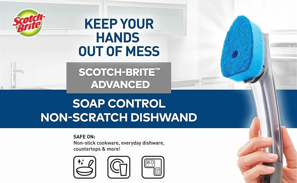 Scotch-Brite Non-Scratch Advanced Soap Control Dishwand, Leak-Free Guarantee, Long Lasting and Reusable - Scotch-Brite Dishwand Non-Scratch