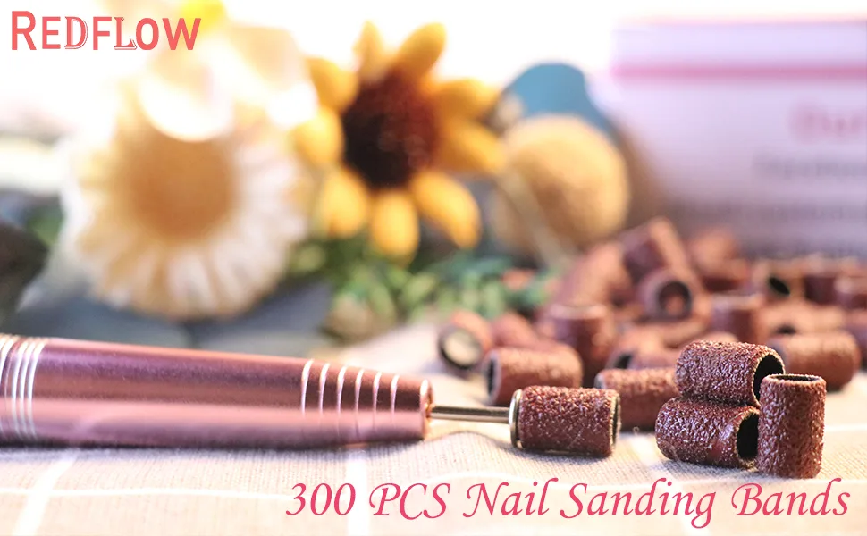 Sanding Bands for Nail Drill RedFlow 300 Pcs Sanding Bands,Size #80#120#180 Coarse Fine Grit Efile Sand Set Working on Natural Nails and Acrylic Nails,Comes with a nail drill bit (Set 2) - sanding bands