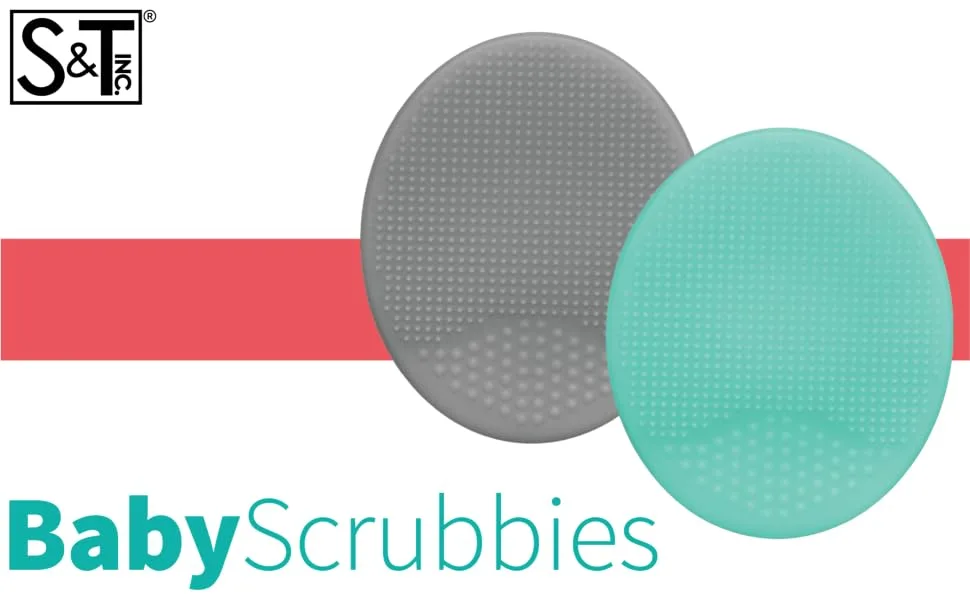 S&T INC. Exfoliating and Massaging Cradle Cap Bath Brushes for Baby, Silicone - 2 Inch x 2.5 Inch, Grey and Teal, 2 Pack Teal/Grey - babes