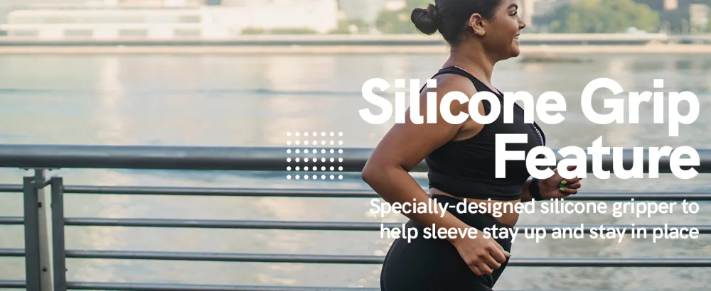 Full Leg Compression Sleeve - Hamstring Knee Support and Recovery X-Large Black 2 - image of a woman running with the title text stating: Silicone Grip Feature