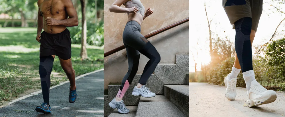 Full Leg Compression Sleeve - Hamstring Knee Support and Recovery X-Large Black 2 - three images of the full compression leg sleeve on body, shown on one leg and during running