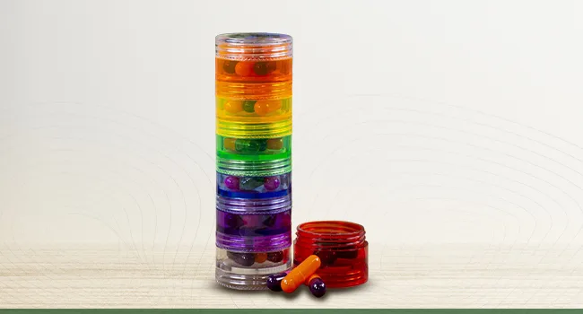 GMS 7 Day Medicine Pill Organizer - Stackable Pill Box Extra Small Size Ideal for Travel - Fits Small Tablets Pills & Vitamin Supplements - Keep Your Daily & Weekly Medicine Organized in One Place Rainbow - 7 day stackable feature 1