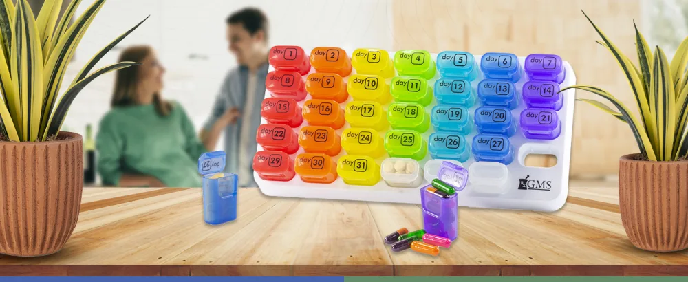 GMS Monthly Pill Organizer - 31 Day Pop Out Pill Pods for Supplements Vitamins & Medications - Ideal for Daily Use & Travel - Rainbow - pill case