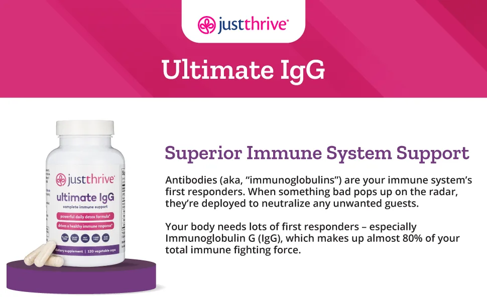 Just Thrive - Ultimate IgG - Complete Immune Support Supplement - Detox Formula 120 Vegetable Capsules - JTH-IgG-EBC01