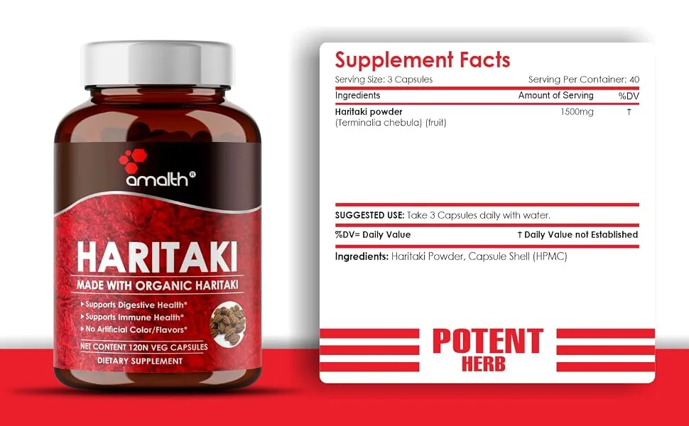 AMALTH Organic Indian Haritaki Capsules, Improving Digestion, Maintains Regularity Non-GMO Vegan Herbs and Supplements, 120 Caps - Organic Haritaki Capsules