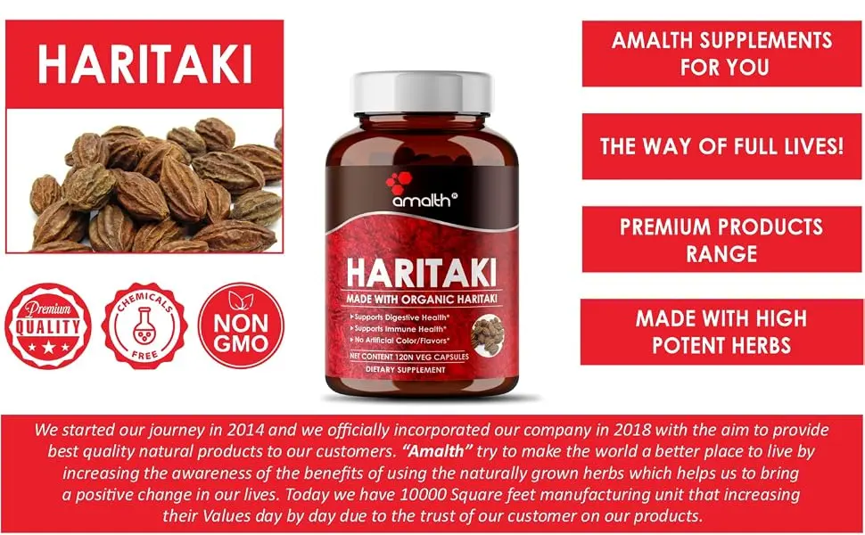 AMALTH Organic Indian Haritaki Capsules, Improving Digestion, Maintains Regularity Non-GMO Vegan Herbs and Supplements, 120 Caps - Organic Haritaki Capsules