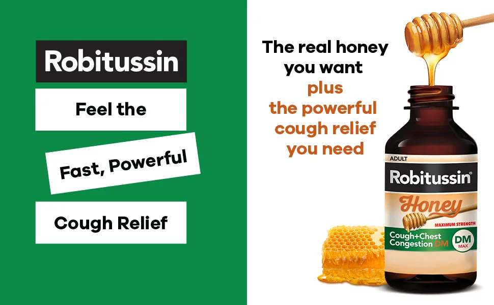 Robitussin Maximum Strength Honey Nighttime Cough DM, Cough Medicine for Adults Made with Real Honey for Flavor- 8 Fl Oz Bottle - Robitussin, feel the fast, powerful cough relief
