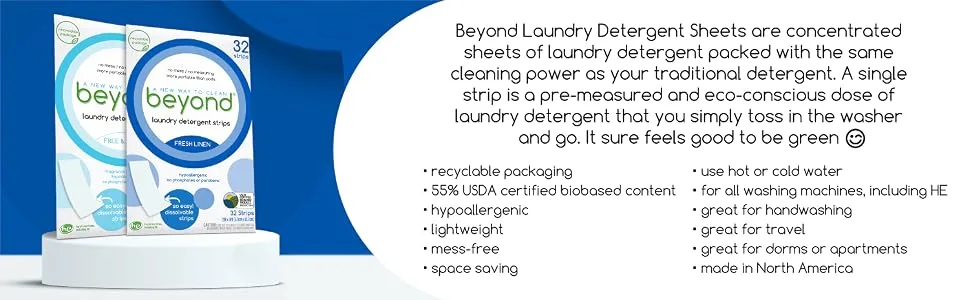 Beyond Laundry Detergent Strips 32 strips - Free & Clear - Eco-friendly Hypoallergenic. Travel friendly. Dissolvable Strips. - detergent recyclable packaging