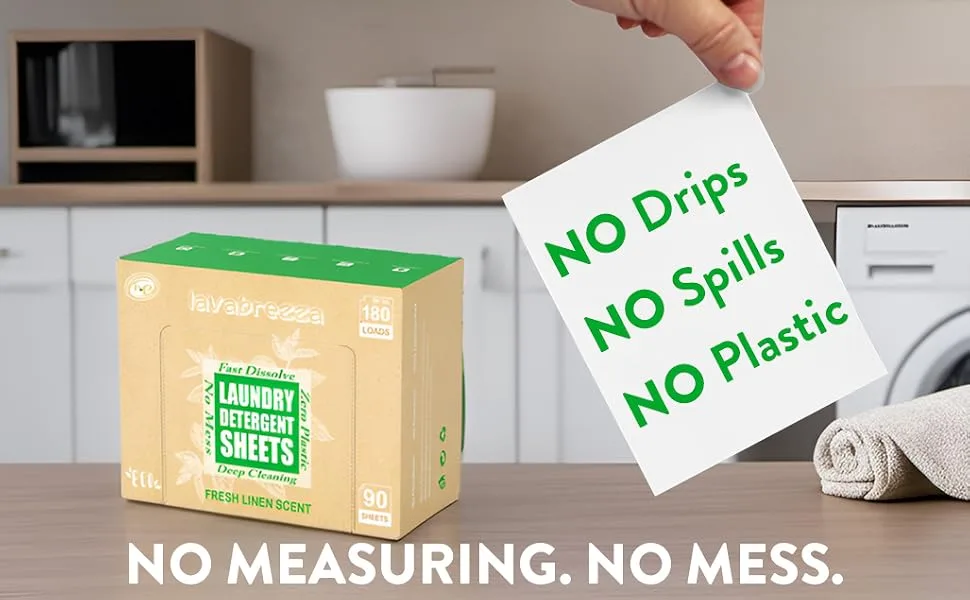 Laundry Detergent Sheets Up to 180 Loads Fresh Linen Scent Eco-Friendly Liquidless Laundry Detergent Strips for Travel & Home Easy to Use Plant-Based Biodegradable No Plastic Zero Waste - no measuring no mess