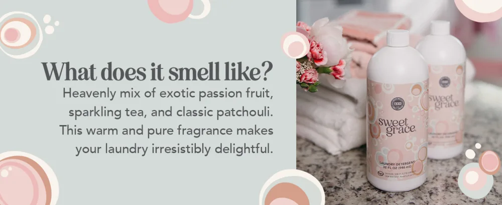 Bridgewater Candle Sweet Grace 32 oz Laundry Detergent Liquid | Highly Scented Luxury Laundry Experience | Deep Cleaning and Powerfully Fragranced Large Detergent - Sweet Grace Laundry Detergent Sitting on Counter