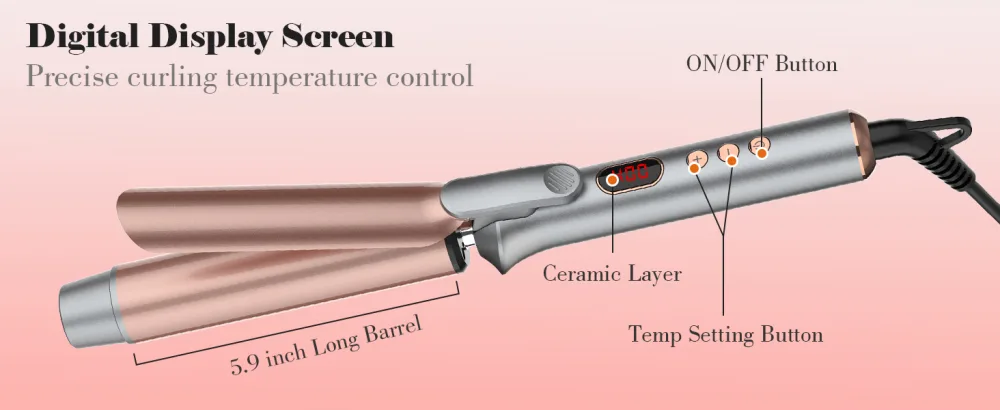 1 1/4 Inch Tourmaline Ceramic Curling Iron with LCD Display Dual Voltage for Long Hair Includes Glove Comb Clips and Pad - Digital display screen