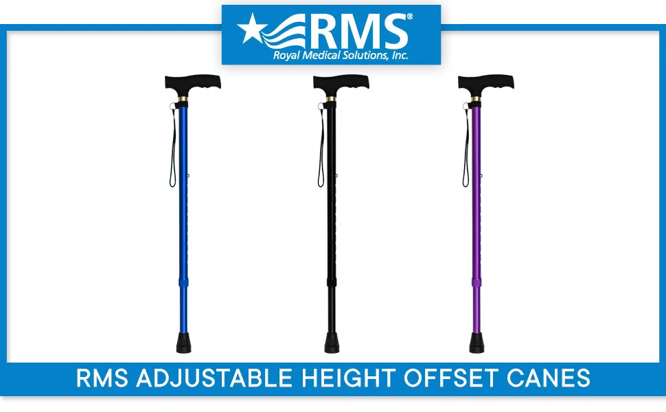RMS Walking Cane - Adjustable Walking Stick - Lightweight Aluminum Offset Cane with Ergonomic Handle and Wrist Strap - Ideal Daily Living Aid for Limited Mobility (Black) - RMS Adjustable Height Canes with Derby Handle