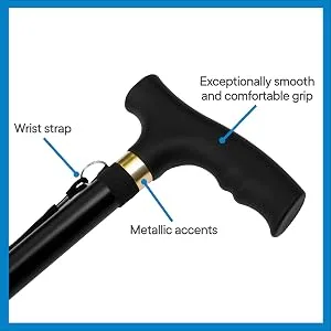 RMS Walking Cane - Adjustable Walking Stick - Lightweight Aluminum Offset Cane with Ergonomic Handle and Wrist Strap - Ideal Daily Living Aid for Limited Mobility (Black) - RMS Handle Ergonomic and Comfortable with Fashion Accents