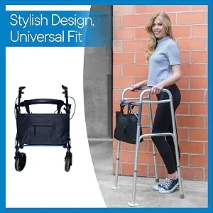 RMS Walker Bag with Soft Cooler - Water Resistant Tote with Temperature Controlled Thermal Compartment, Universal Fit for Walkers, Scooters or Rollator Walkers (Wine) - Young woman using black walker bag on walker showing universal fit and fashionable design