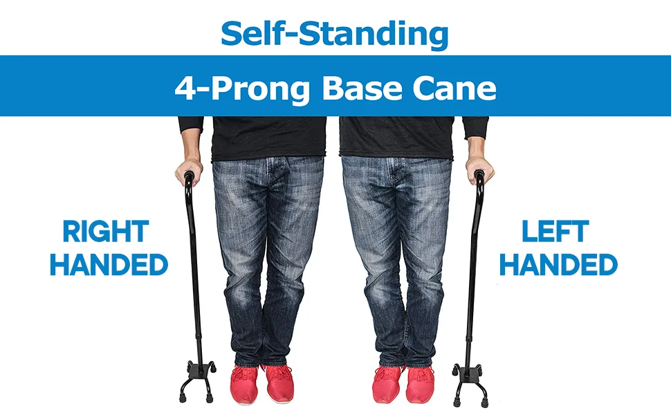 RMS Quad Cane - Adjustable Walking Cane with 4-Pronged Base for Extra Stability - Foam Padded Offset Handle for Soft Grip - Works for Right or Left Handed Men or Women (Black) - quad cane converts from right to left handed use easy to use convertible with self standing base