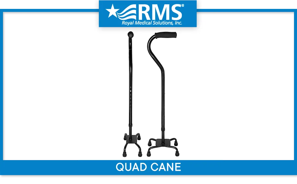 RMS Quad Cane - Adjustable Walking Cane with 4-Pronged Base for Extra Stability - Foam Padded Offset Handle for Soft Grip - Works for Right or Left Handed Men or Women (Black) - quad cane with 4 prong base quad base four leg base with foam handle and wrist strap easy to use