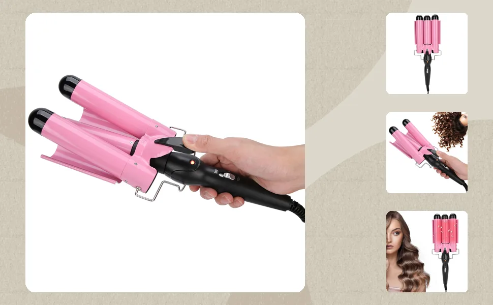 Waver Hair Tool Adjustable 3 Barrel Curling Iron Wand with LCD Temperature Display for Women Home and Travel US Plug Pink 32mm - 1413200147516-1