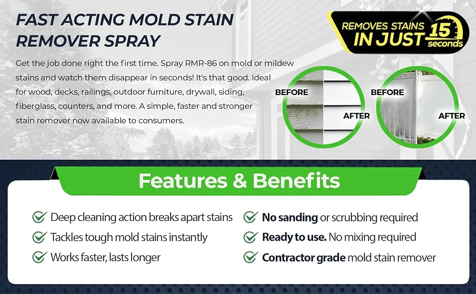RMR-86 Instant Mold and Mildew Stain Remover Spray - Scrub Free Formula, 32 Fl Oz 32 Fl Oz (Pack of 1) - Fast Acting Mold Stain Remover