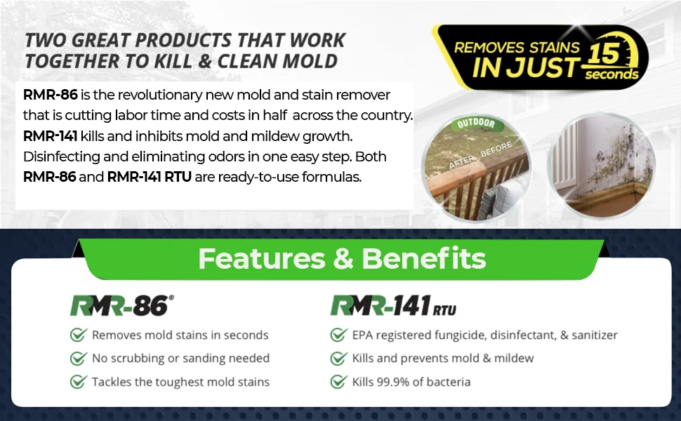 RMR Brands Complete Mold Killer & Stain Remover Bundle - Mold and Mildew Prevention Kit, Disinfectant Spray, Mold and Mildew Stain Remover, Includes 2 - 32 Ounce Bottles - Multipurpose cleanerr