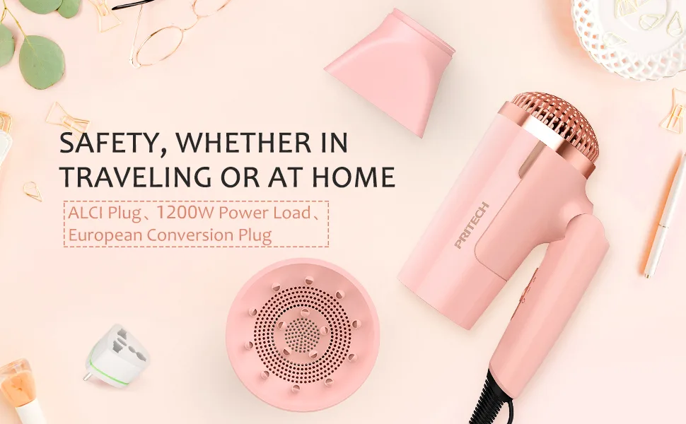 PRITECH Dual Voltage Hair Dryer with Diffuser 1200W Compact Foldable ALCI Safety Plug Pink Pink2 7 Piece Set - product information 11
