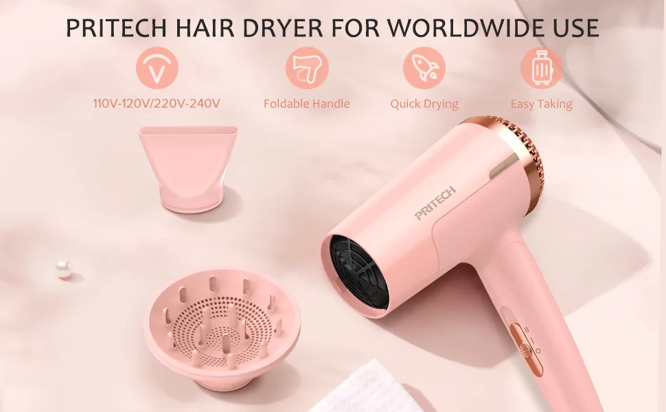 PRITECH Dual Voltage Hair Dryer with Diffuser 1200W Compact Foldable ALCI Safety Plug Pink Pink2 7 Piece Set - product information 7