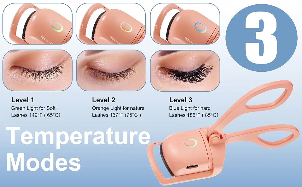 Heated Eyelash Curlers Heated Eye Lash Curler with Eyelash Applicator Tool and Lash Comb 3 Heating Modes Quick Natural Curling Eye Lashes for Long Lasting- Orange - thin lash curler