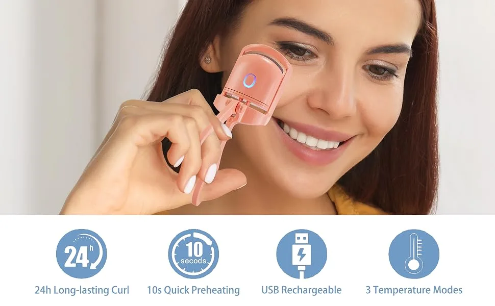 Heated Eyelash Curlers Heated Eye Lash Curler with Eyelash Applicator Tool and Lash Comb 3 Heating Modes Quick Natural Curling Eye Lashes for Long Lasting- Orange - trendy lashes tool