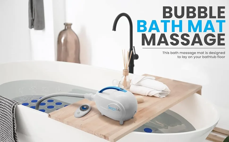 Serenelife Portable Spa Bubble Bath Massager - Relaxing Thermal Spa Non-Slip Mat with Suction Cup Bottom Motorized Air Pump Adjustable Bubble Settings and Remote Control - portable; bubble; mat; bath; massager; waterproof; non-slip; remote control; motorized; PHSPAMT22;
