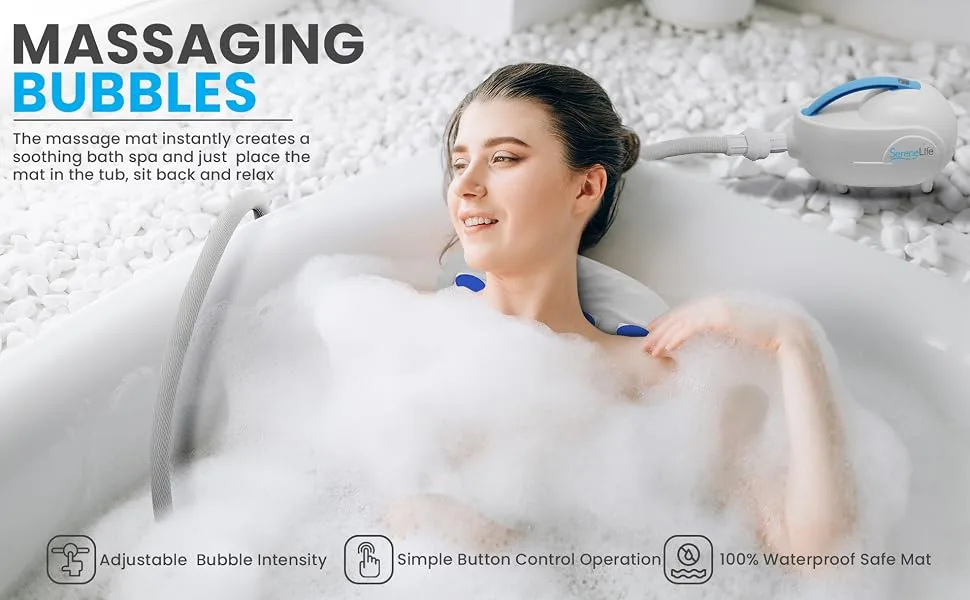 Serenelife Portable Spa Bubble Bath Massager - Relaxing Thermal Spa Non-Slip Mat with Suction Cup Bottom Motorized Air Pump Adjustable Bubble Settings and Remote Control - portable; bubble; mat; bath; massager; waterproof; non-slip; remote control; motorized; PHSPAMT22;