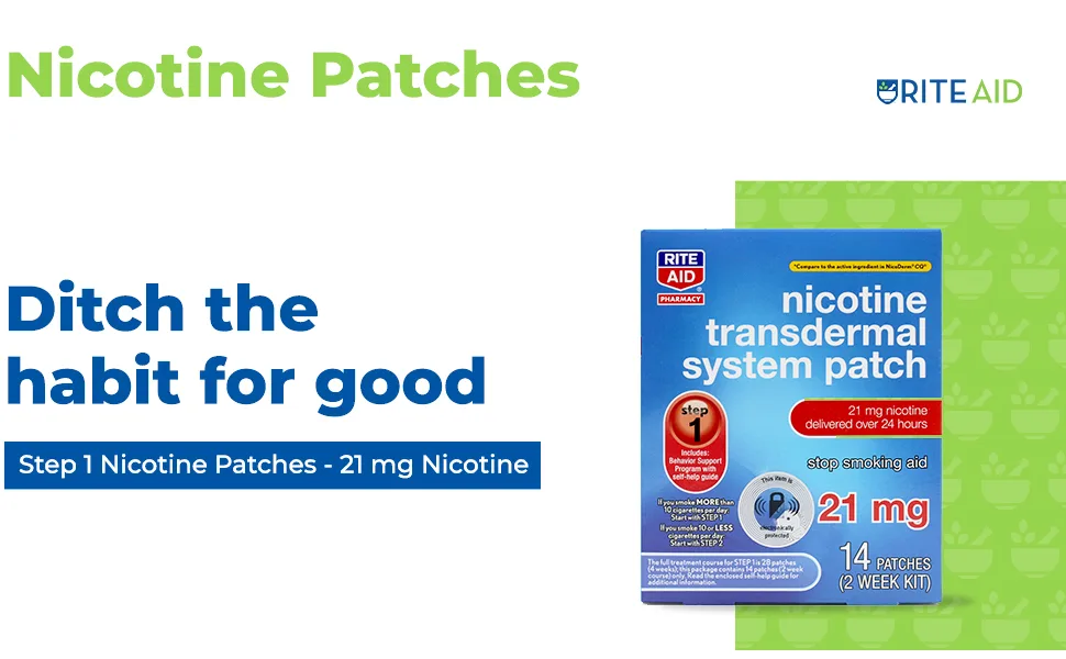 Rite Aid Nicotine Transdermal System Patch, Step 2, 14mg - 14 ct, Nicotine Patches Step 2 | Quit Smoking, Quit Smoking Aid | Nicotine Patch | Bonus Behavioral Support Program Information Included - Rite Aid Acid Reducer Travel Health Convenience Travel Relief Pain Reducer Heart Body Wellness