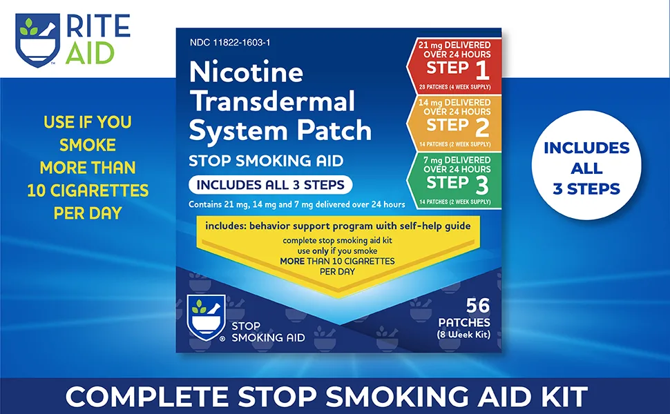 Rite Aid Nicotine Patch Kit, Steps 1 Through 3 to Quit Smoking, 21, 14, 7mg Patches with 8 Week Behavior Support Program - Rite Aid Nicotine Transdermal System Patch Kit, contains Nicotine Patches: Step 1, Step 2 and Step 3