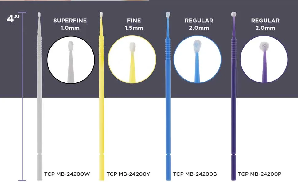 TCP Global 400 Eyelash Extension Micro Brushes - Disposable Brush Applicator Tip Sizes 1.0 mm Superfine White 1.5 mm Fine Yellow 2.0 mm Medium Blue & Purple - Apply Makeup Paint Touch Up Assorted - Brushes come in various sizes