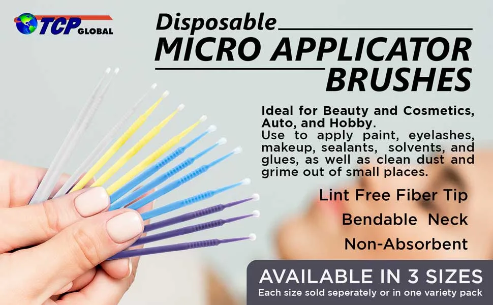 TCP Global 400 Eyelash Extension Micro Brushes - Disposable Brush Applicator Tip Sizes 1.0 mm Superfine White 1.5 mm Fine Yellow 2.0 mm Medium Blue & Purple - Apply Makeup Paint Touch Up Assorted - TCP Global Disposable Micro Applicator Brushes