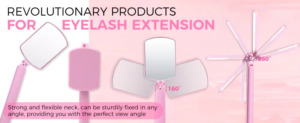 Flexible Large Square Lash Mirror 260 Rotation Folding Portable Eye Mirror for Eyelash Extensions Adjustable for Easy Check Lash Extension Supplies and Tool for Lash Techs Pink - foldable lash mirror