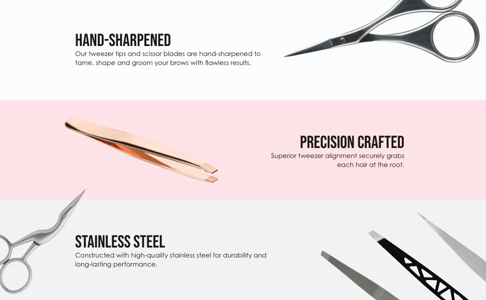 JAPONESQUE Brow & Eye Brush Set Includes Brow/Lash Comb to Brush Brows and Separate Lashes Angled Liner Brush for Brow Filler Application Spoolie to Smooth Brows - hand sharpened precision crafted stainless steel