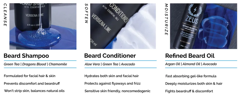ZEUS Beard Starter Kit for Thick Beards Natural Beard Shampoo Beard Conditioner & Premium Refined Beard Oil (Vanilla Rum) MADE IN USA - Includes beard shampoo, beard conditioner, and refined beard oil